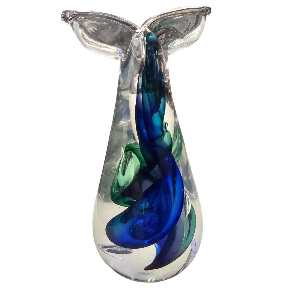 Art Glass Whale Tail Figurine Paperweight Blue Green Swirl Signed Nautical Decor